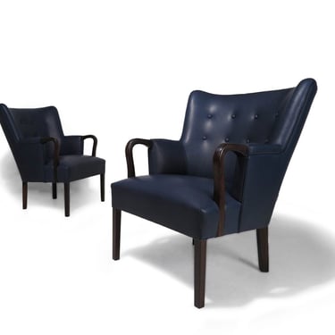 Kaare Klint & Edvard Kindt-Larsen Lounge Chairs in blue leather (Copy)