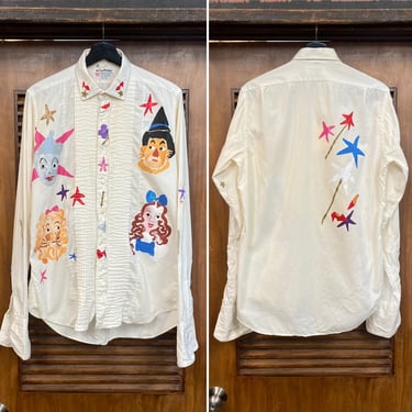 Vintage 1960’s Custom “Wizard of Oz” Painted Artwork Cotton Tuxedo Shirt, 60’s Hollywood, Vintage Clothing 