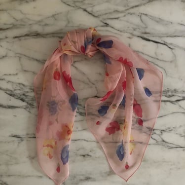 vintage silk chiffon scarf / small sheer pink floral bandanna square silk neck hair scarf made in Japan 