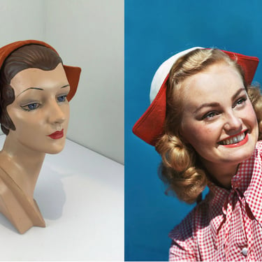 Smiles Go For Days - Vintage 1940s Rust Pumpkin Rayon Velour Juliet Caplet Hat 