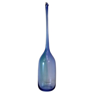 Vintage Blown Blue Studio Art Glass Vessel Vase with Long Stem Tagged Nouvel 