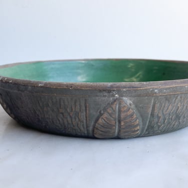Antique RARE Red Wing Brush Ware Saucer Green Pottery Leaf Pattern Shallow Dish Tray Plant Pot Terracotta Vintage Garden 