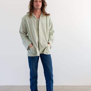 Vintage Green White Patterned Shirt Jacket | Unisex Stripe Cotton Pajama Chore shirt | L | SJ003 