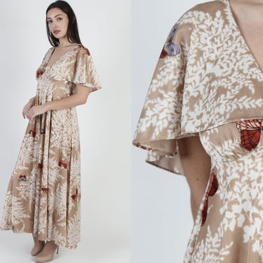 Vintage 70s Butterfly Print Dress / Tan All Over Print Garden Floral Dress / Plunging Deep V Sweeping Capelet Maxi 
