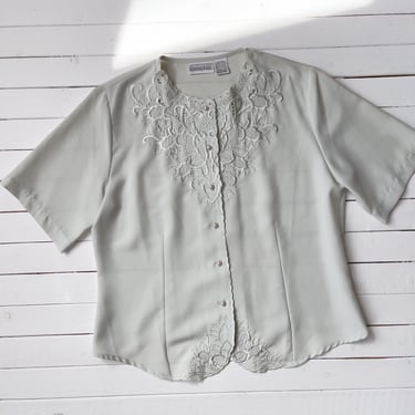 cute cottagecore blouse 90s vintage pastel mint green embroidered short sleeve shirt 