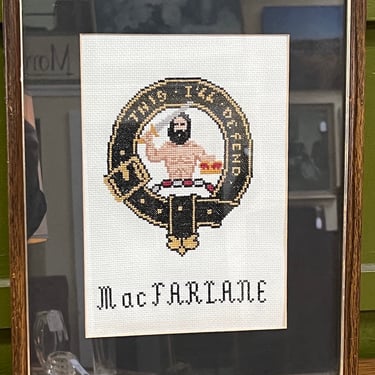 Item #AB1 Framed Embroidered “MacFarlane” Family Crest 20th c.