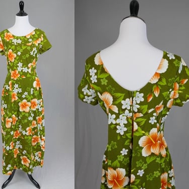 60s 70s Hawaiian Dress - Green w/ Orange White Yellow Blue - Hibiscus - Barkcloth Cotton Ui Maikai Made in Hawaii - Vintage 1960s 1970s - M 