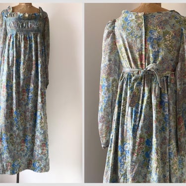 Vintage 1970’s Vicky Vaughn blue floral maxi dress | smocked bodice, empire waist gown, cottage core dress, XS 