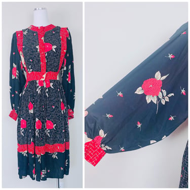 1980s Vintage Jackie Bernard Eklektic Balloon Sleeve Dress / Black and Red Rayon Rose Print Prairie Dress / Small - Medium 