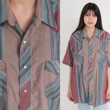 Wrangler Western Shirt 90s Striped Pearl Snap Shirt Cowboy Button Up Short Sleeve Collared Pocket Rodeo Brown Blue Red Vintage 1990s Mens XL 