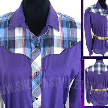 Karman Kenny Rogers Vintage Western Retro Women's Cowgirl Shirt, Rodeo Blouse, Purple and Plaid, Tag Size 17/18, Large (see meas. photo) 