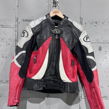 Small Vintage 80s field sheer red, silver and black  Leather Motorcycle Jacket Cafe Racer USA Made 