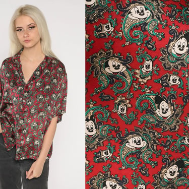 Silk Mickey Mouse Blouse 80s Red Paisley Disney Top Button Up Shirt Fredrick's of Hollywood Mickey & Co Kawaii Cartoon Vintage 1980s Medium 