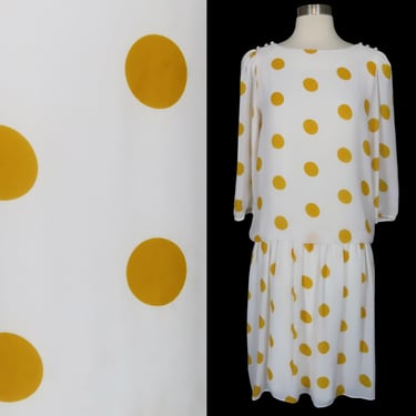 Vintage 80s White Big Bold Graphic Print Yellow Orange Polka Dot Dotted Egg Spot Drop Waist Party Dress S Small Clowncore Dotted Spotted 