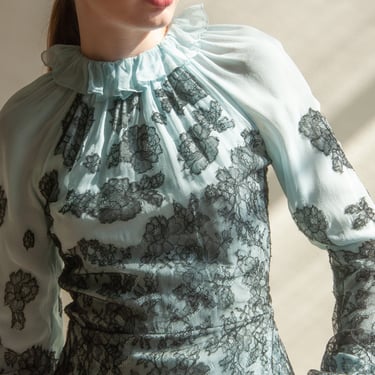 7015t / oscar de la renta silk chiffon chantilly lace blouse 