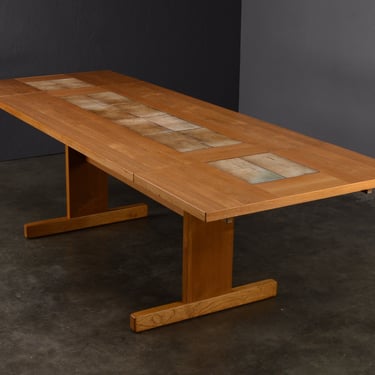 Danish Modern Drop Leaf Trestle Table Teak and Tile 
