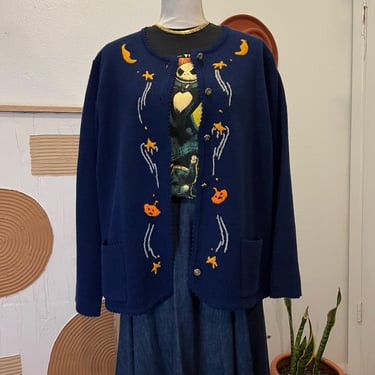 90s Tally Ho Blue Knit Halloween Pumpkin Celestial Embroidered Cardigan Sweater 