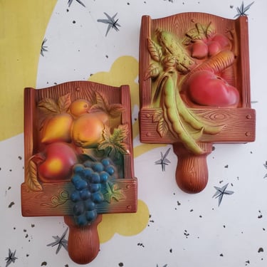 1960s Miller Studio Chalkware Wall Hangings - Fruit and Veggies in Wood Scoop - 60's Home Decor - 60s Wall Decor - Mid-century Decor 