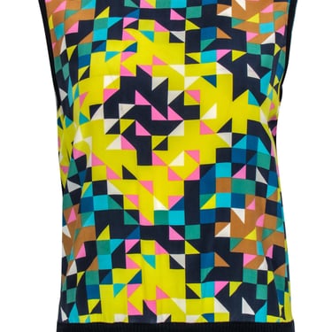 Tory Burch - Yellow, Navy, &amp; Pink Geometric Print Silk Tank w/ Knit Back &amp; Trim Sz S