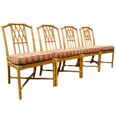 Set of 4 Rattan Dining Chairs with Fretwork & Upholstered Seats - Hollywood Regency Coastal Chinoiserie Chippendale Furniture 