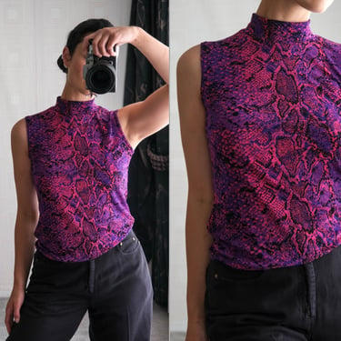 Vintage 90s Western Connection Neon Pink & Deep Purple Snakeskin Mock Neck Cropped Tank Top  | Made in USA | 1990s Designer Stretch Fit Top 