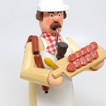 Vintage German Smoker Incense Burner, Hand Painted Wood Butcher with Meat, Sausages, Pipe, Original Erzgebirge Germany 