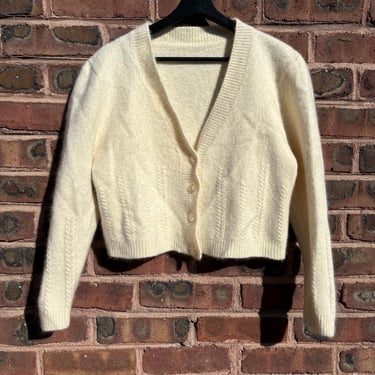 Vintage 70s 80s Ivory Angora Blend V Neck Cardigan Sweater Button Down Medium Large by TimeBa