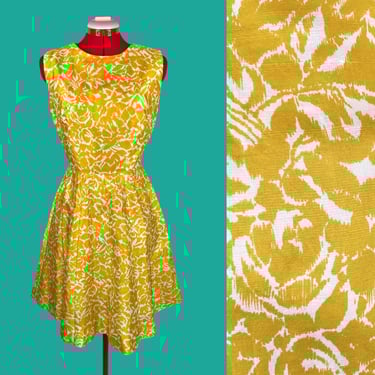 Vintage Yellow Cream Silk 1950s 60s Floral Party Dress Rockabilly Gift 