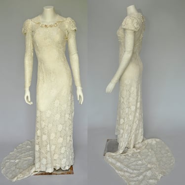 1930s floral lace wedding dress with small train XS 