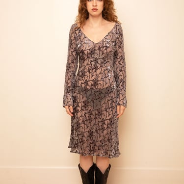 Vintage Richard Tyler 1990s Sheer Silk Gray Floral Silk Burnout Velvet Dress with Original Tags XS S M Dead Stock 