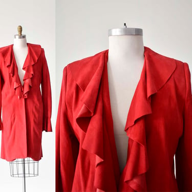 Vintage Cherry Red Suede Coat / Vintage Dero Suede Jacket / Red Ruffled Leather Coat / Vintage Dero by Rocco DAmelio Coat 