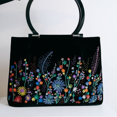 Vintage Salvatore Ferragamo Black Velvet Floral Headed Handbag