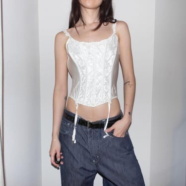 vintage 90s white satin lace floral applique trim bustier corset crop top with garters by shirley of hollywood 