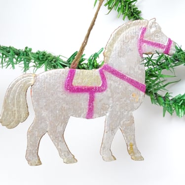 Antique 1940's Russian Horse Christmas Ornament, Vintage Foil Tree Decor 