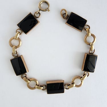 Vintage Gold Filled and Black Glass Chain Bracelet Rectangular Stones 1950's Mourning Style with Unique Settings 