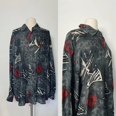 Silk Oversized Black Abstract Print Top Size XL 