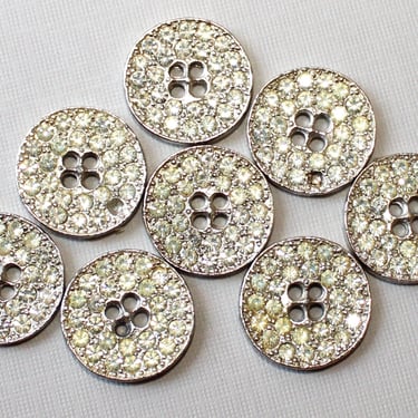 1950s Glass Rhinestone Metal Sewing Buttons - Medium Round Sew Through Paste Stone Button Matching Set of 8 