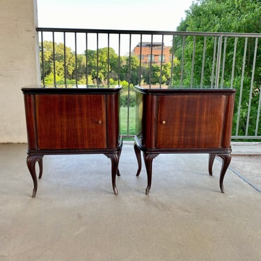 Pair of Italian Mid Century Rosewood Nightstands with Reverse Painted Glass Tops 