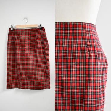 1980s Red Plaid Pencil Skirt 