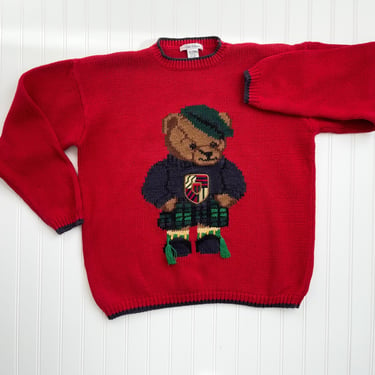 teddy bear sweater 80s 90s vintage Robin Sinkler preppy red cotton sweater 