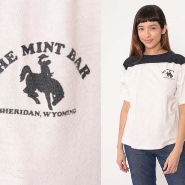 80s Mint Bar Shirt Sheridan Wyoming TShirt Rodeo Cowboy Tee Drinking T Shirt Graphic Western Vintage 1980s White Black Cotton Medium 
