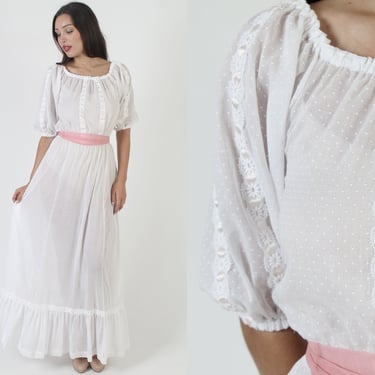 Simple Long Swiss Dot Plantation Maxi Dress, Victorian Style Brothel Gown, Off The Shoulder With Full Tiered Skirt 