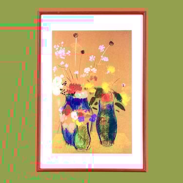 Vintage Odilon Redon Print 1980s Retro Size 37x25 Contemporary + Three Vases of Flowers + Reproduction + Floral Wall Art + Modern Home Decor 
