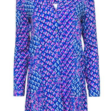 Lilly Pulitzer - Blue & Pink Pineapple Print Collared Shirtdress w/ Pockets Sz XXS