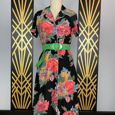1970s dress, black floral, vintage 70s dress, The steps, size small, button front, shift dress, 70s does 40s, bright flower print, summer 