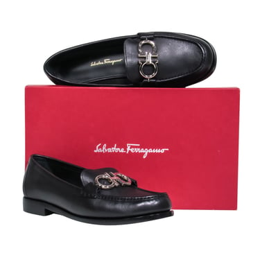 Ferragamo - Black Square Toe Loafers w/ Silver-Toned Hardware Sz 8