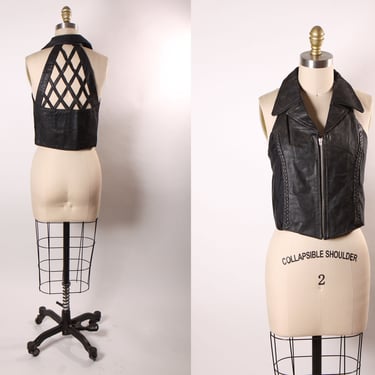 1980s Black Leather Criss Cross Open Back Stretchy Side Biker Vest by Diamond Plate Genuine Leather -XL 