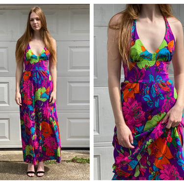 1970's Halter Dress / Swimsuit Resort Gown / Festival Maxi Gown / Sexy Seventies Haute Hippie Boho Dress / Coachella 