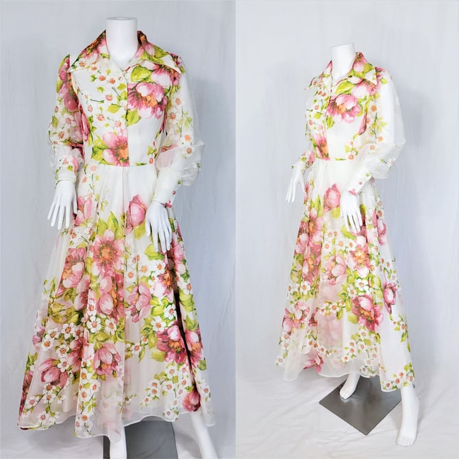 1970's Coco White Floral Print Chiffon Flowy Long Maxi Dress I Sz Sm I Garden Party I Wedding I Bride 