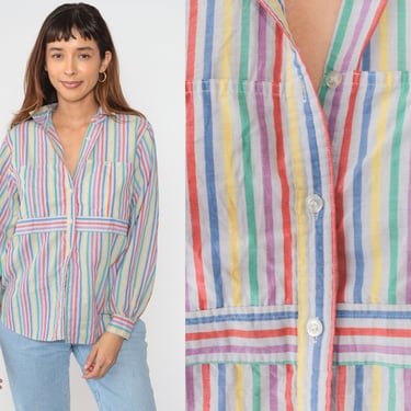 Rainbow Striped Blouse 80s Button up Shirt Multicolor Vertical Stripes Long Sleeve Top Blue Red Yellow Green Vintage 1980s Medium Large 